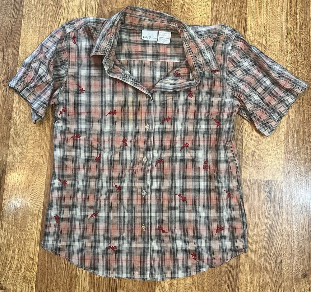 Vintage Bobbie Brooks Shirt M 8/10 Plaid Floral Embroidery Classic Red Black